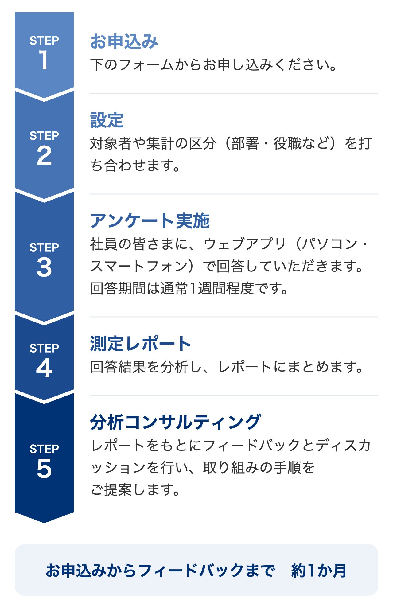 組織まる見えサーベイの実施の流れ:1 お申込み、2 設定、3 アンケート実施、4 測定レポート、5 分析コンサルティング。お申込みからフィードバックまで約1か月